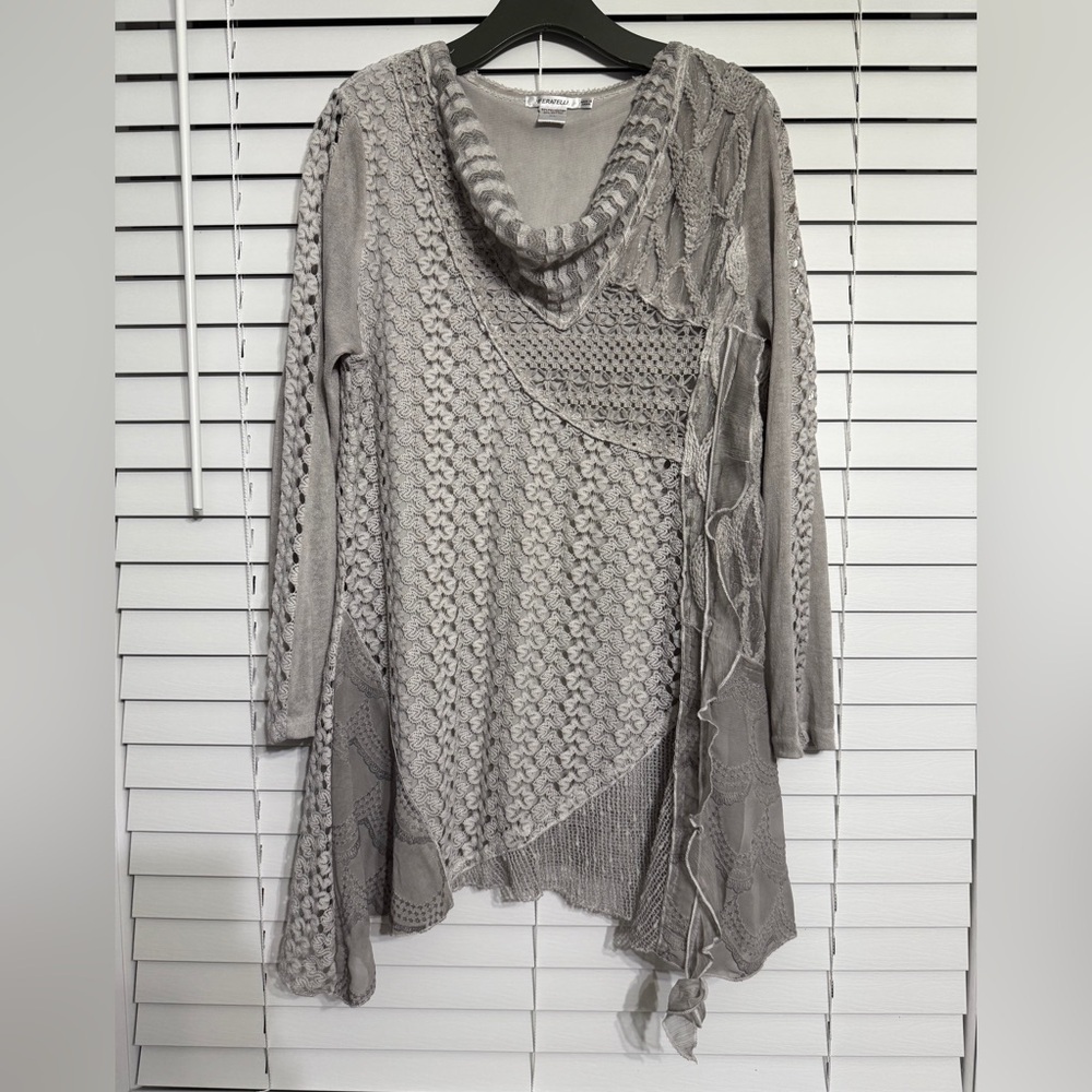 Feratelli asymmetrical lace tunic ribbed patch work artsy boho top size XL